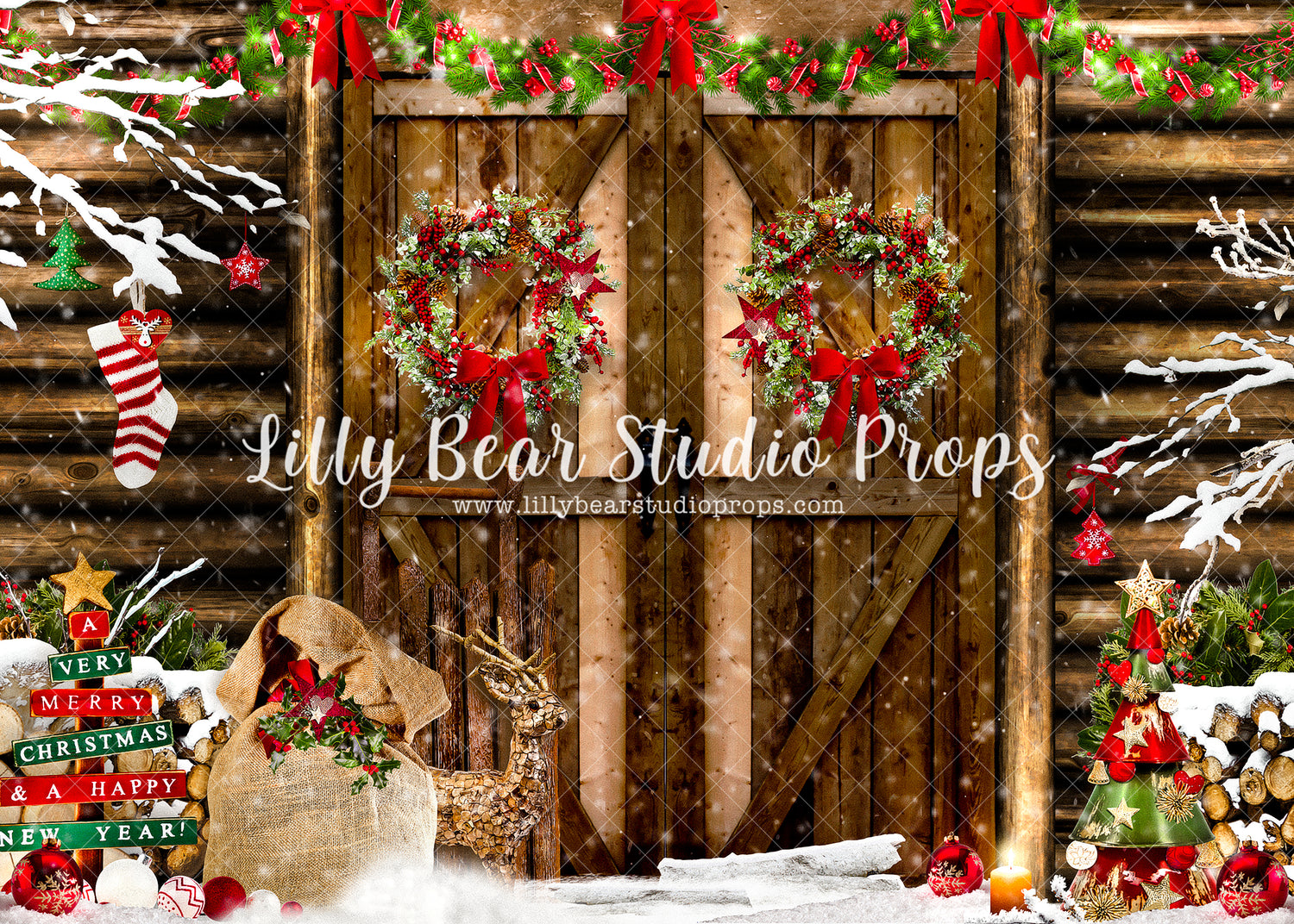 Snowy Christmas Cabin - Lilly Bear Studio Props, camper, candles, christmas, christmas kitchen, christmas snow, christmas window, Fabric, FABRICS, kitchen, red curtains, tree farm, winter, wreath