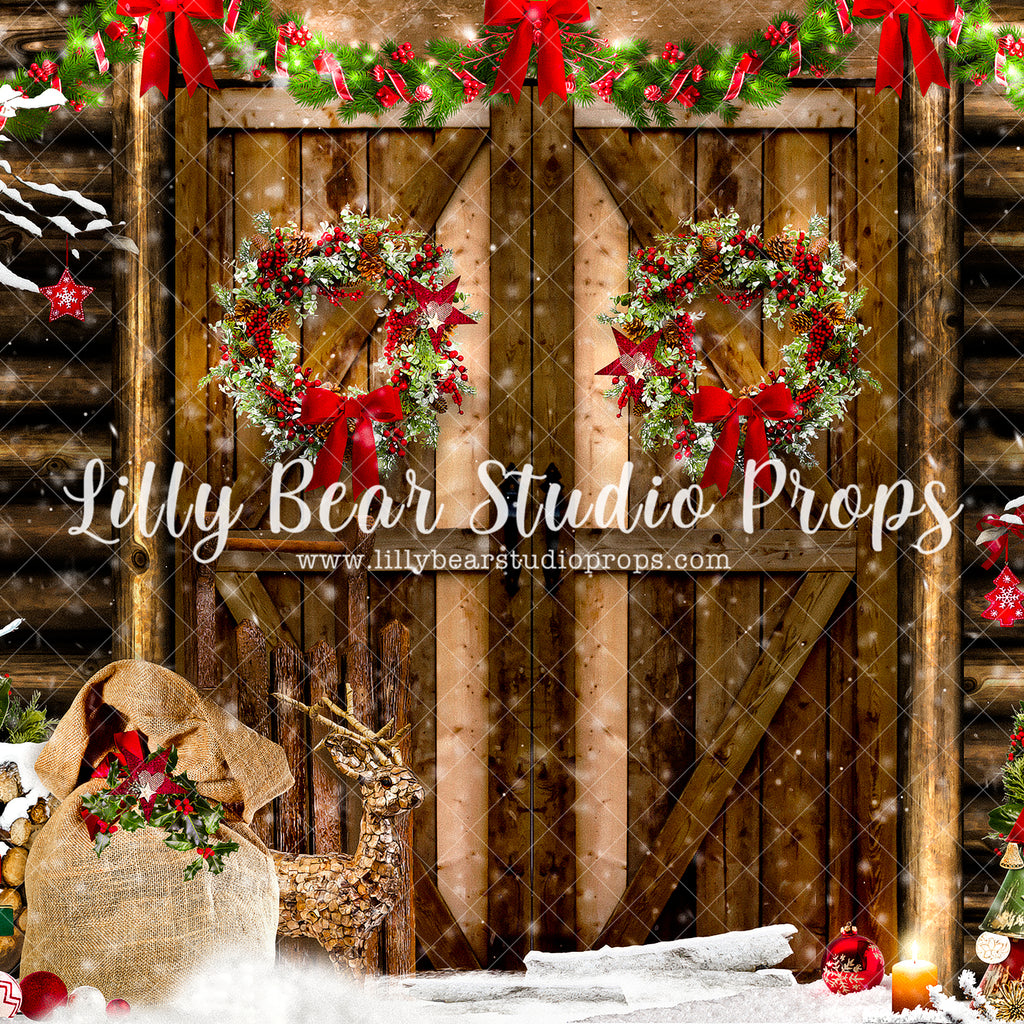 Snowy Christmas Cabin - Lilly Bear Studio Props, camper, candles, christmas, christmas kitchen, christmas snow, christmas window, Fabric, FABRICS, kitchen, red curtains, tree farm, winter, wreath