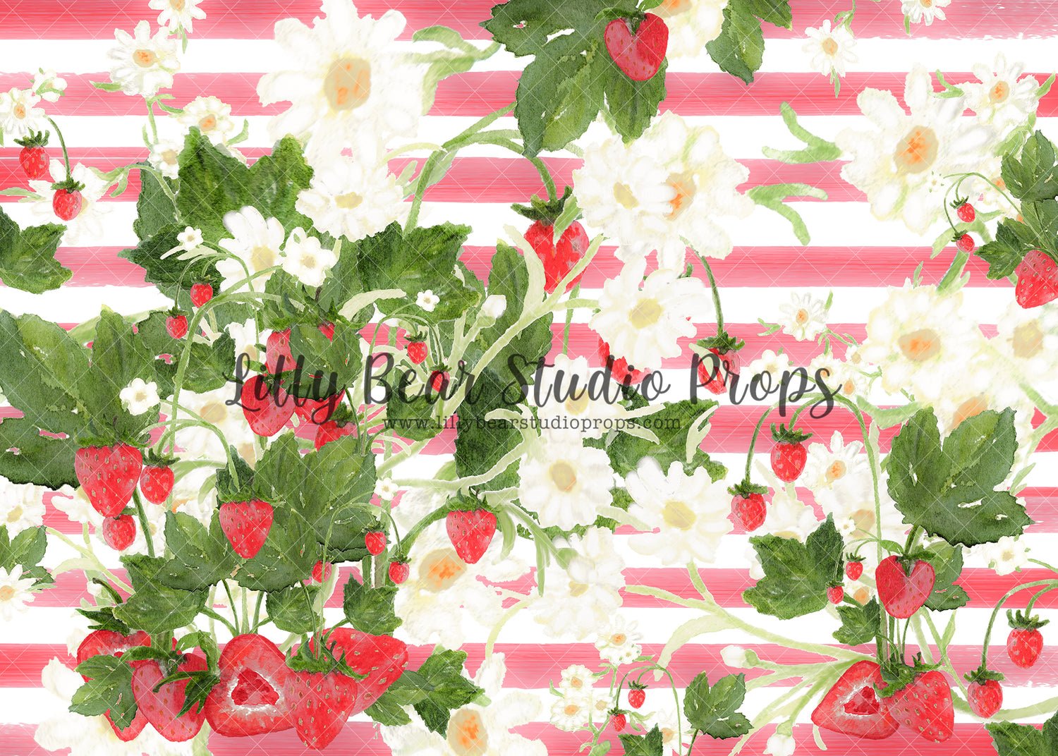 Strawberry Vines Stripes - Lilly Bear Studio Props, Fabric, FABRICS, flowers, strawberries & cream, strawberry, strawberry farm, strawberry field, strawberry fields, strawberry picking, strawberry seeds, strawberry shortcake, strawberry stripes