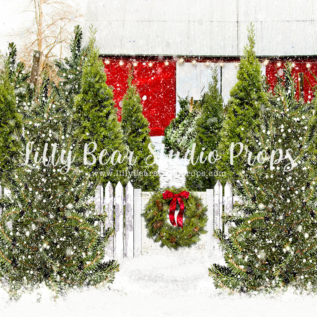 Tree Farm Welcome Wreath - Lilly Bear Studio Props, camper, candles, christmas, christmas kitchen, christmas snow, christmas window, Fabric, FABRICS, kitchen, red curtains, tree farm, winter, wreath