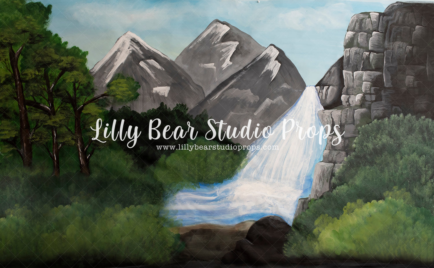 Waterfall Cliff - Lilly Bear Studio Props, boy cake smash, cake smash, FABRICS, forest, forest floor, forest painting, garden, grey mountains, jungle, mountain forest, mountains, waterfall, wild one, woodland forest