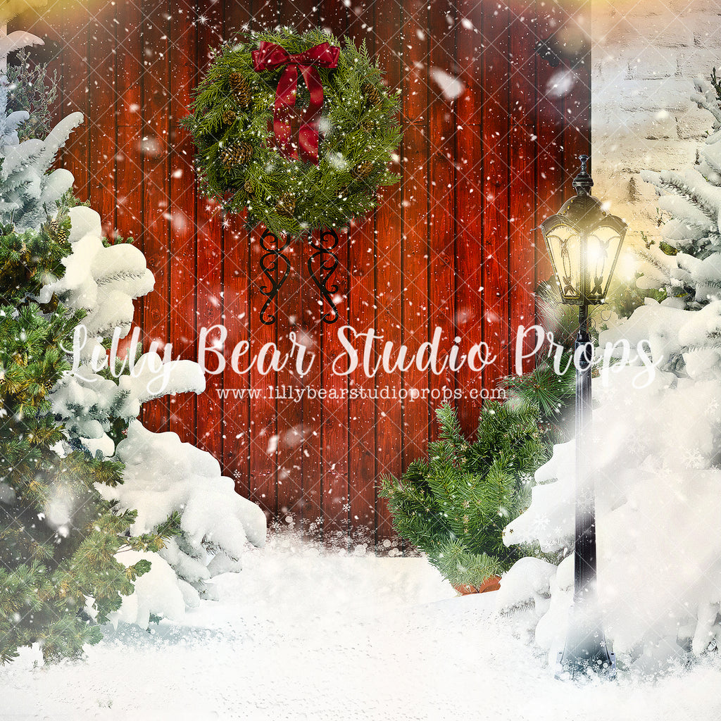Welcome Xmas Door - Lilly Bear Studio Props, camper, candles, christmas, christmas kitchen, christmas snow, christmas window, Fabric, FABRICS, kitchen, red curtains, tree farm, winter, wreath