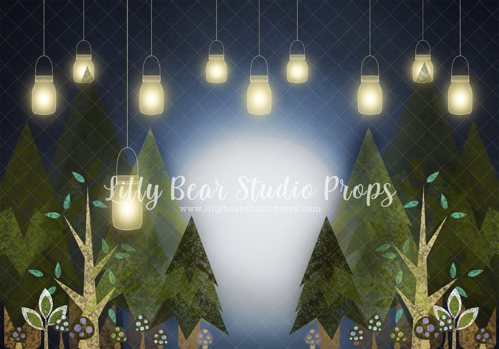 Woodland Lights - Lilly Bear Studio Props, animals, autumn forest, dark forest, enchanted forest, Fabric, FABRICS, fall forest, forest, forest animals, forest entry, forest floor, forest friends, forest painting, fox, green forest, into the wild, lanterns, little wild one, misty forest, moon, moonlight, moonlight forest, night forest, nighttime, owl, pine forest, pine tree, pine tree forest, pine trees, raccoon, where the wild things are, wild, wild animal, wild one, wild things, woodland forest
