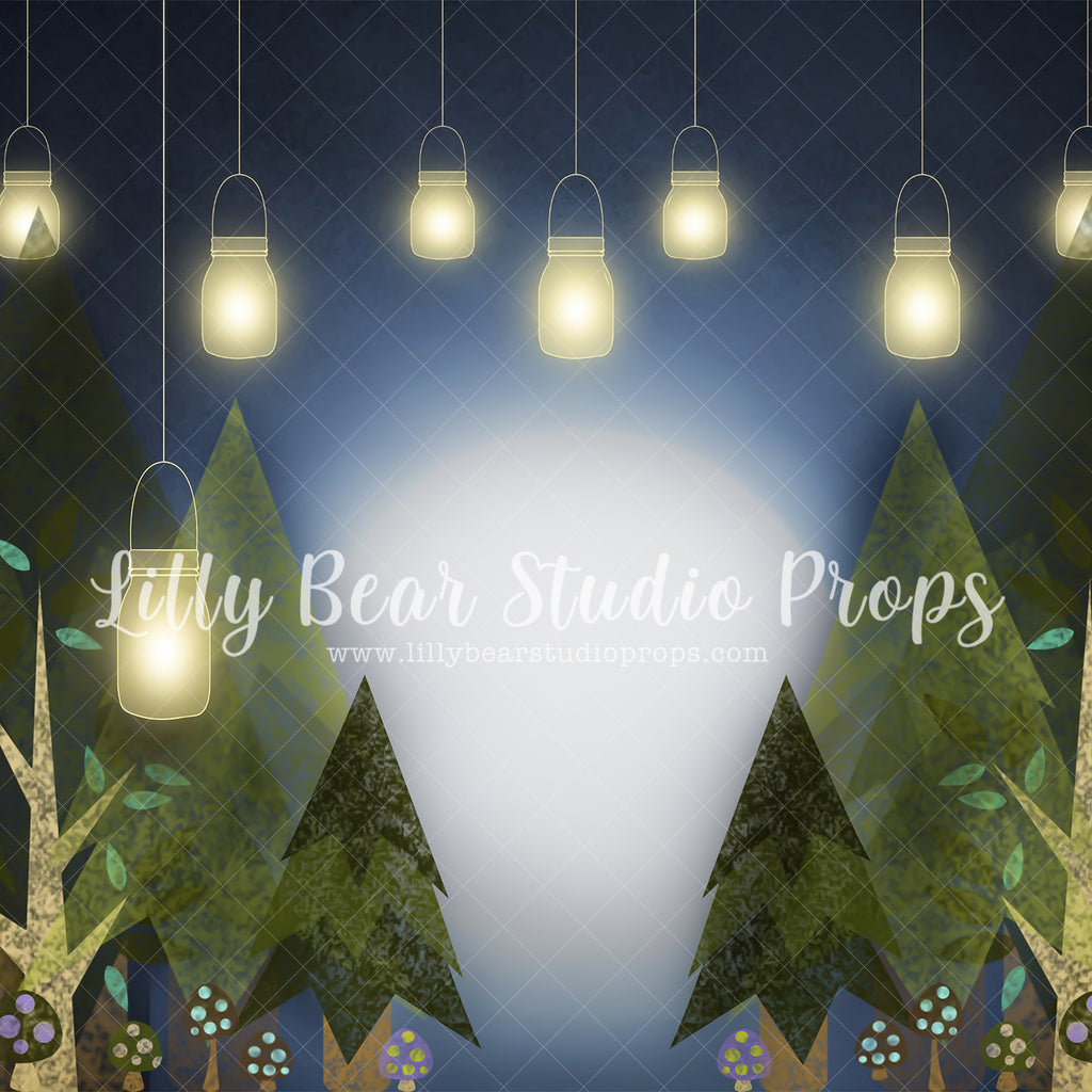 Woodland Lights - Lilly Bear Studio Props, animals, autumn forest, dark forest, enchanted forest, Fabric, FABRICS, fall forest, forest, forest animals, forest entry, forest floor, forest friends, forest painting, fox, green forest, into the wild, lanterns, little wild one, misty forest, moon, moonlight, moonlight forest, night forest, nighttime, owl, pine forest, pine tree, pine tree forest, pine trees, raccoon, where the wild things are, wild, wild animal, wild one, wild things, woodland forest